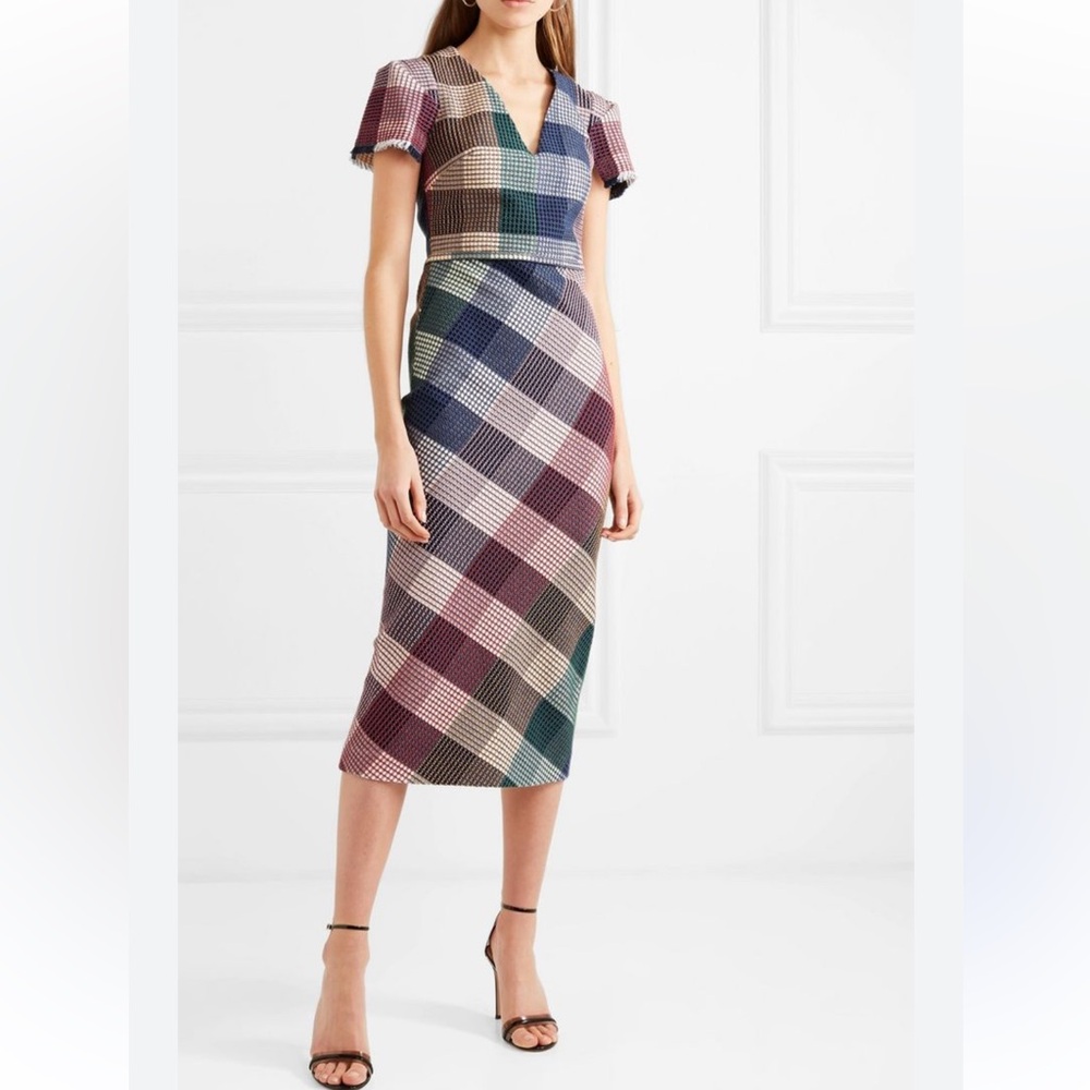 Roland Mouret Chaney V-neck cap-sleeve plaid sheath midi dress